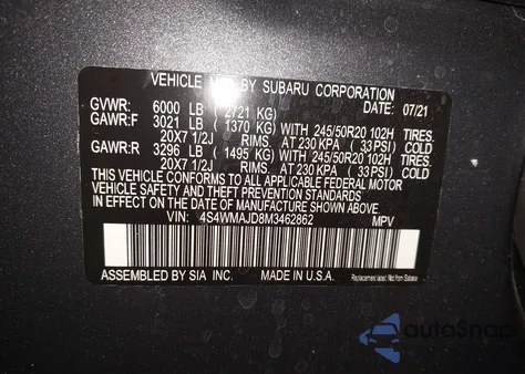 2021 Subaru Ascent Limited from USA, damaged, VIN 4S4WMAJD8M3462862